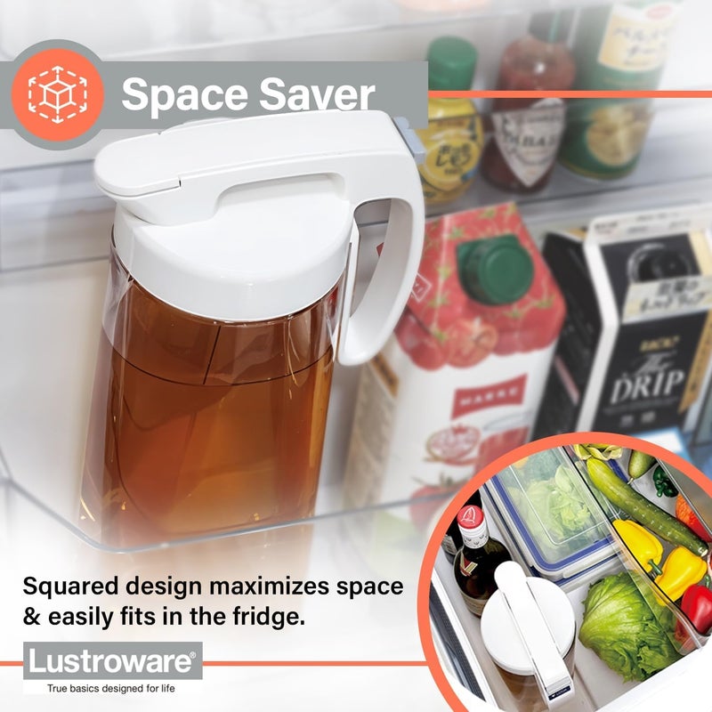 LUSTROWARE Airtight Water Pitcher 1.7QT (54oz) â€“ BPA-Free Heat-Resistant SAN Plastic Beverage Jug with One-Touch Lid, Fridge Door Friendly, Slim Space-Saving Design, Easy to Pour, Made in Japan - Image 5